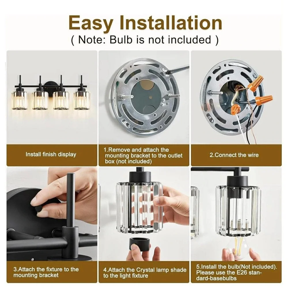 4 Light Round Crystal Vanity Lights Modern Black Crystal Wall‎ Light Bath Mirror